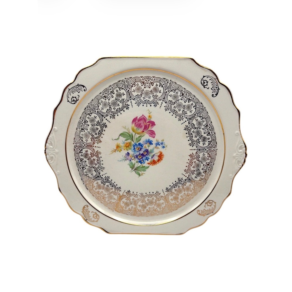 Harker Tulip Bouquet Handle Cake Plate 12 1/4" 22K Gold Trim Floral USA Vintage - Picture 1 of 7